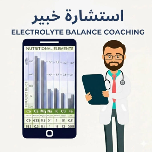 Electrolyte balance coaching illustration with doctor, nutritional chart on mobile, myHerbUAE theme