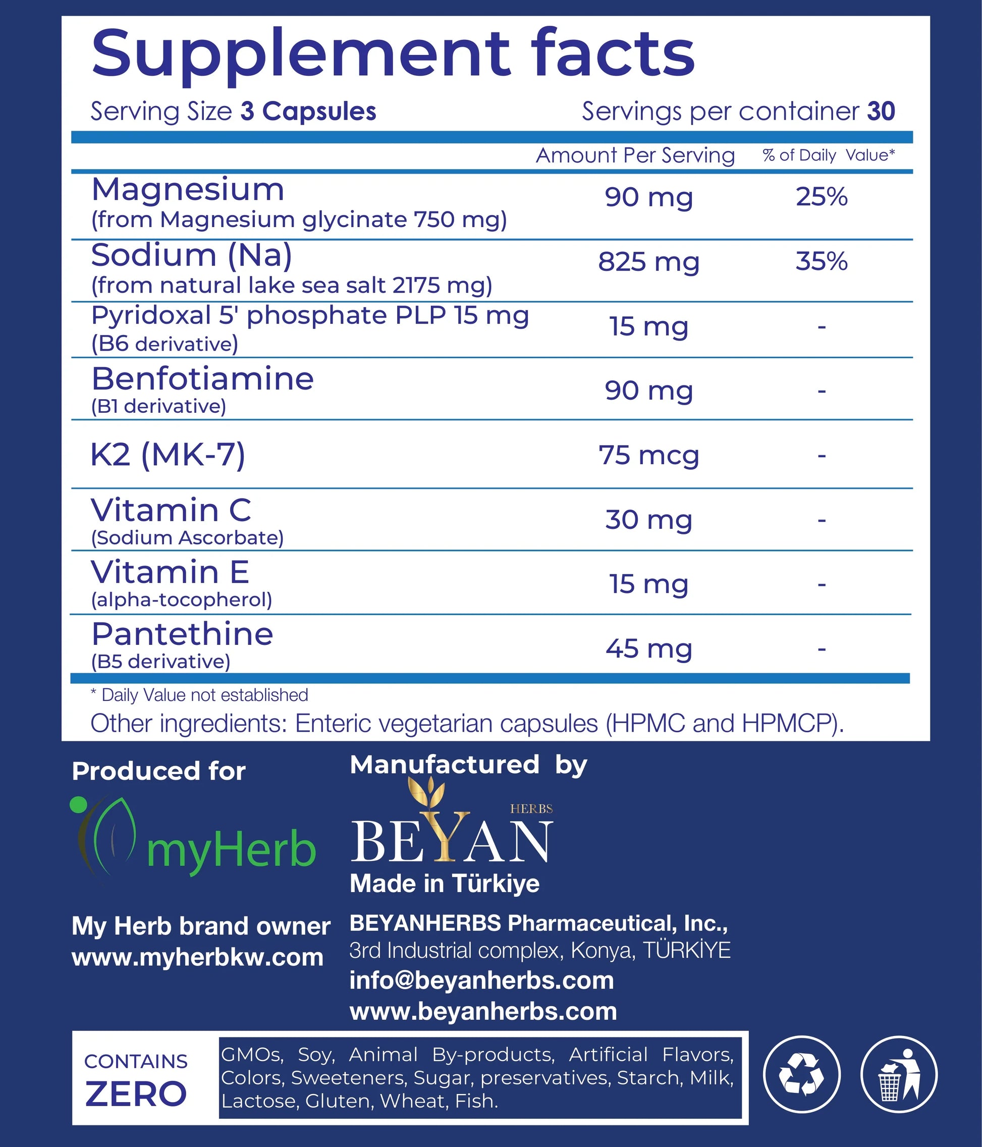 Supplement facts label for myHerbUAE magnesium and vitamin capsules, ingredients and dosage.