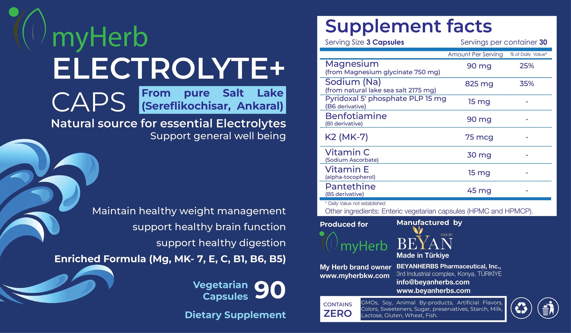 myHerb ELECTROLYTE+ Caps supplement label with ingredients, dosage, and product benefits.